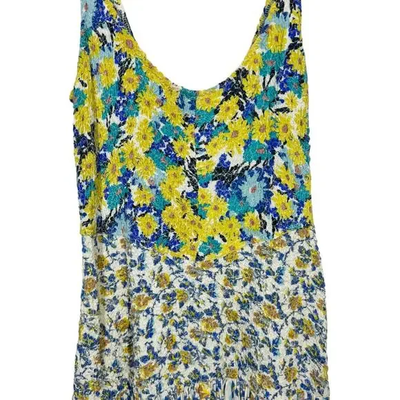 Free People English Garden Smocked Floral Print Dress XS Yellow Blue Boho Mini - Picture 3 of 8